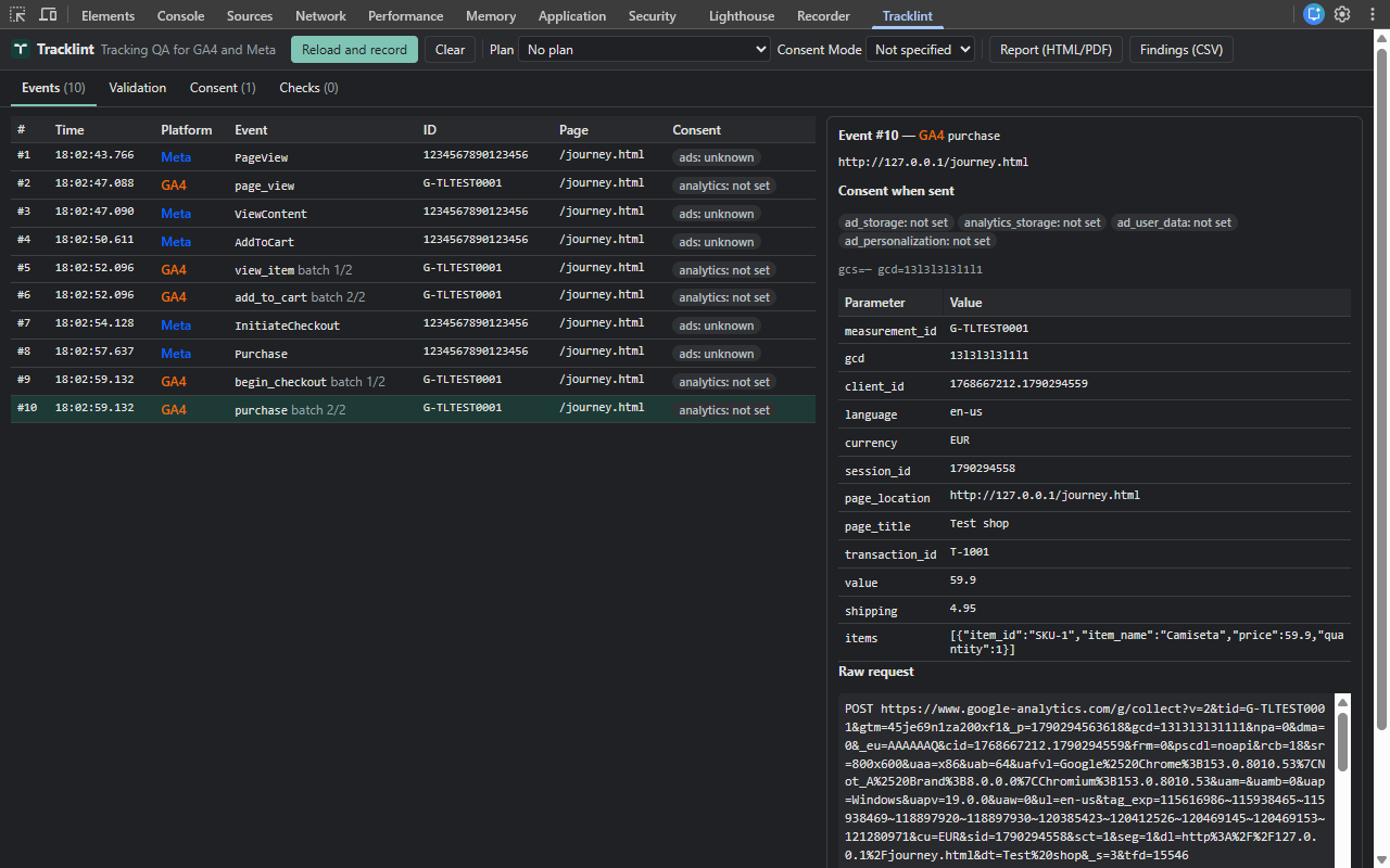 The Tracklint events tab listing GA4 and Meta Pixel events with their parameters